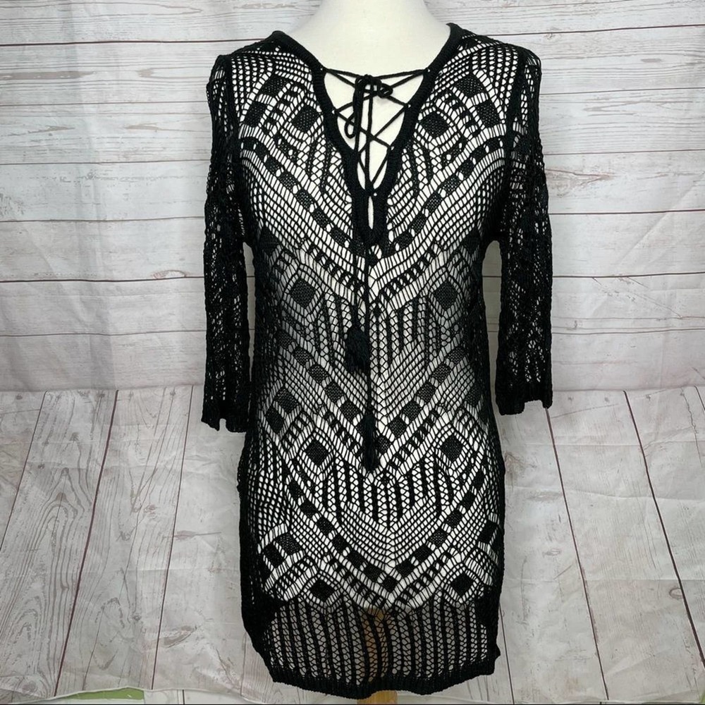 Black Crochet Knit Beach Cover Up Dress One Size - Picture 10 of 12